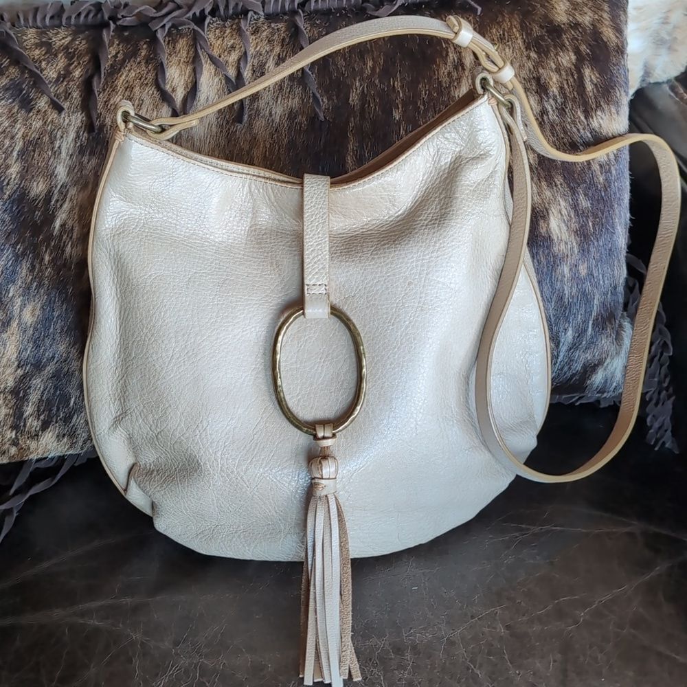 Lucky Brand Cream Colored Leather With Brass Ring/Tassel Crossbody Bag
